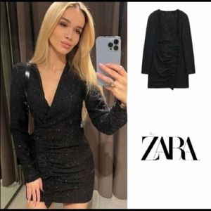 NWOT Zara Textured Weave Tweed Black Dress with Ruffles